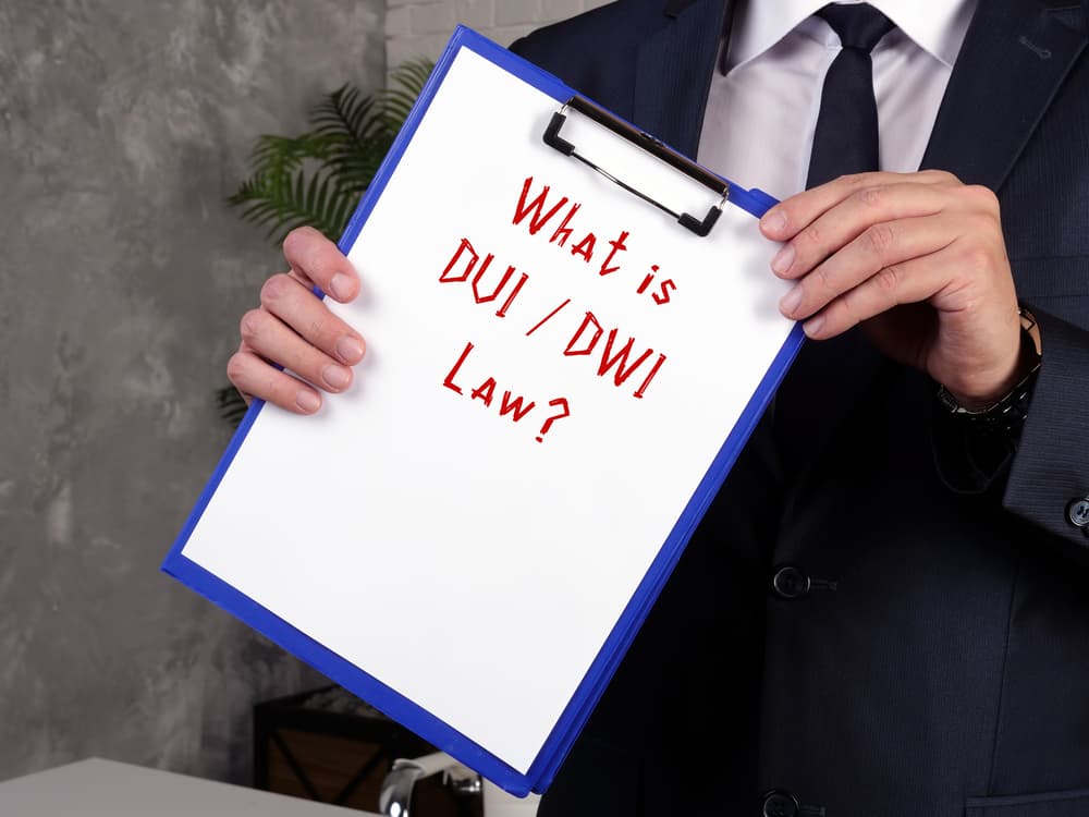 A piece of paper with the phrase "DUI/DWI Law" written on it, symbolizing the juridical concept of laws governing driving under the influence and driving while intoxicated.