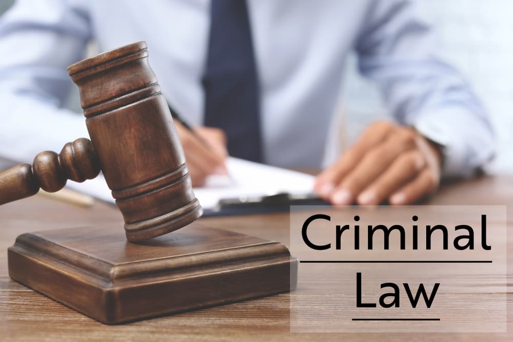 An image showing a judge's gavel in the foreground with a lawyer in the background, accompanied by the text "CRIMINAL LAW."