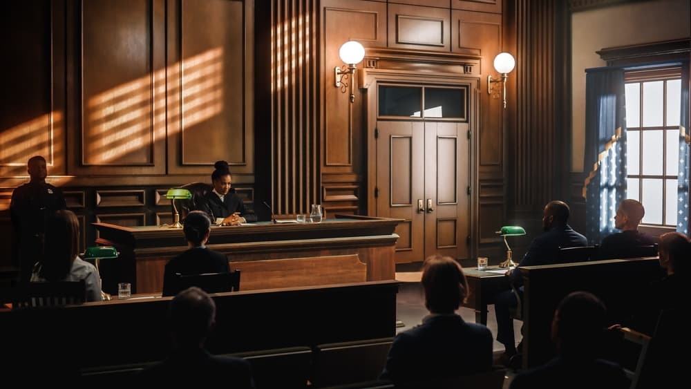 Courtroom scene: The public seated on benches attentively listens as an impartial African American judge presides. The judge, in a Supreme Federal Court, begins a civil trial.