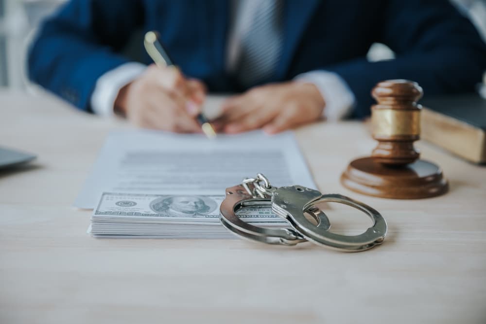 Bribing a lawyer for release from custody: handcuffs on the table with hands exchanging dollars in the background.